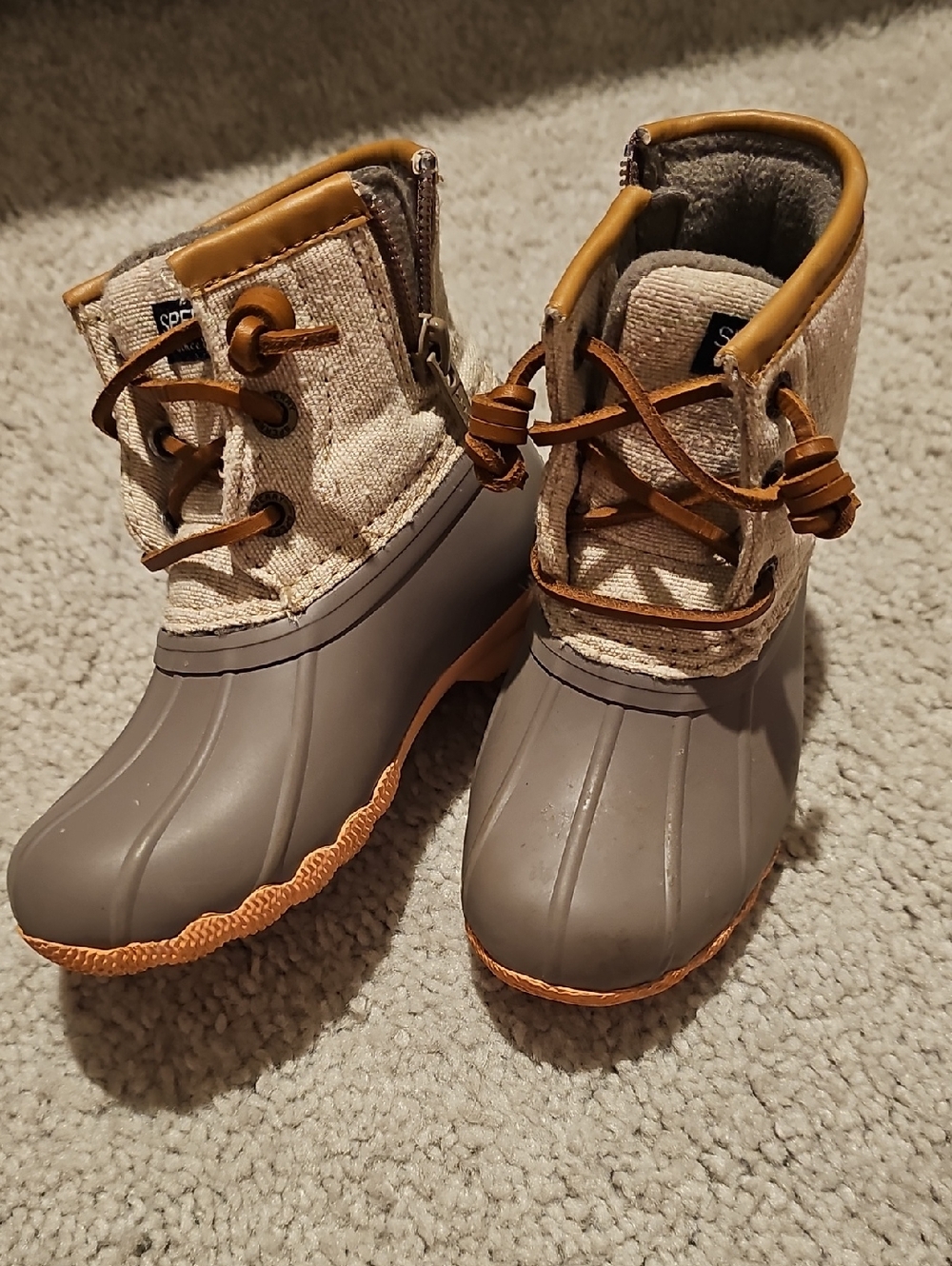 Sperry Kids Gray and Tan Waterproof Duck Boots with Lace Detail